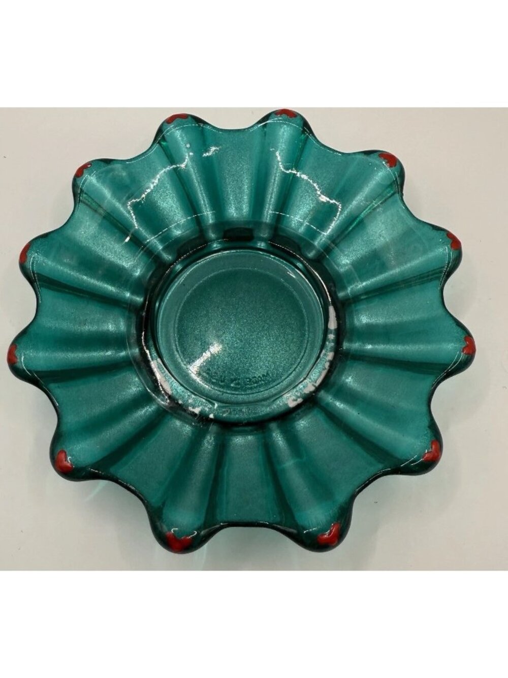 Vintage MCM Teal Blue Green Ruffle Glass Dish With Painted On Hearts 5.5”